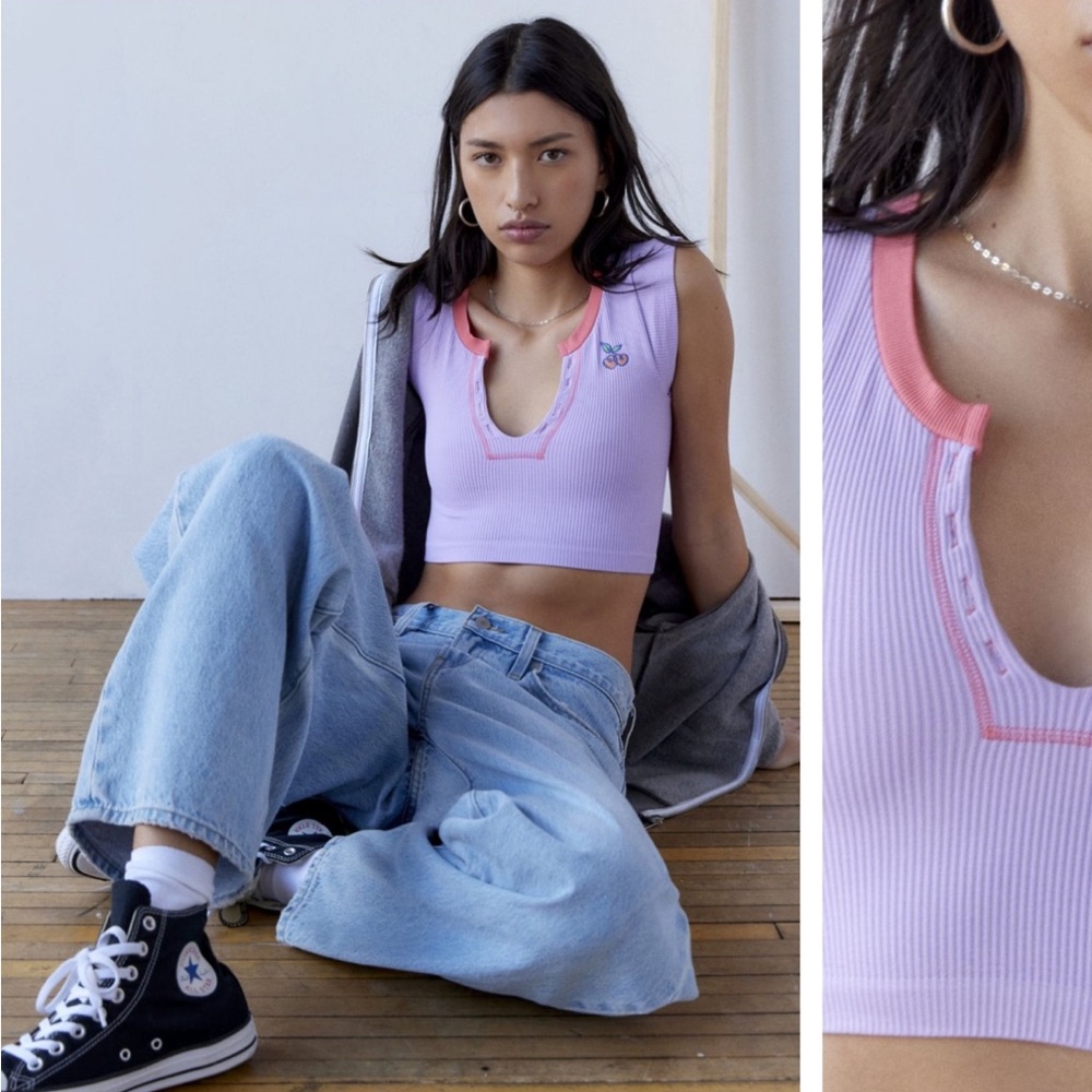 Urban Outfitters Purple Ribbed Crop Top with Orange Trim